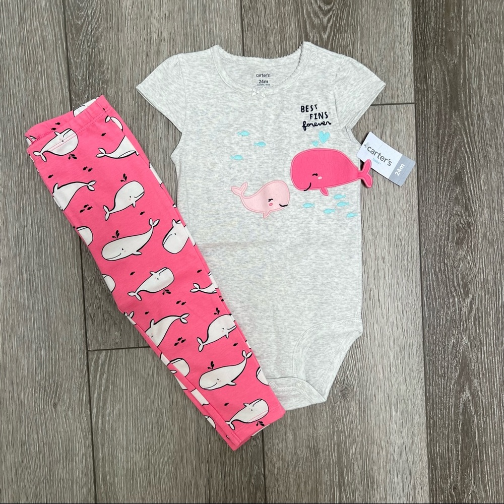 CARTERS 2PC SHORT SLEEVE BODYSUIT PANTS OUTFIT SET WHALE 24MO NWT